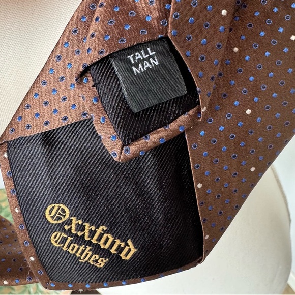 Oxford Clothes Tall Man Necktie Silk USA Made Brown w/ Blue & Cream Small Dots - Picture 5 of 9